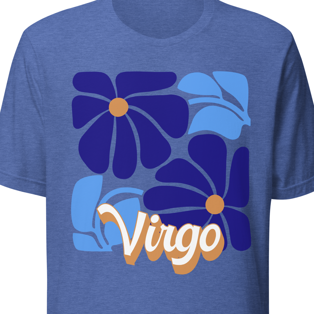 Blue t-shirt with floral design and 'Virgo' text
