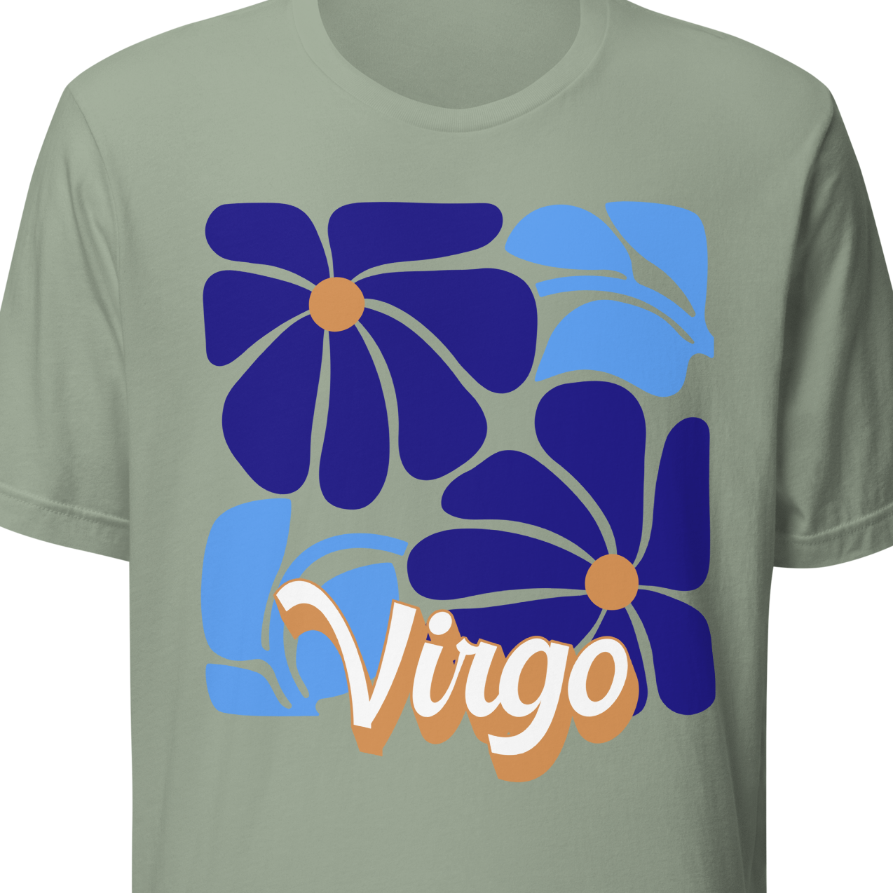 Green t-shirt with blue and purple floral design and 'Virgo' text 