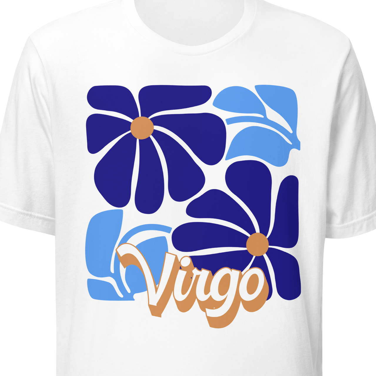White t-shirt with blue and purple floral design and 'Virgo' text on a white background