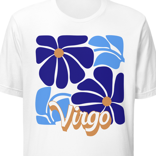 White t-shirt with blue and purple floral design and 'Virgo' text on a white background