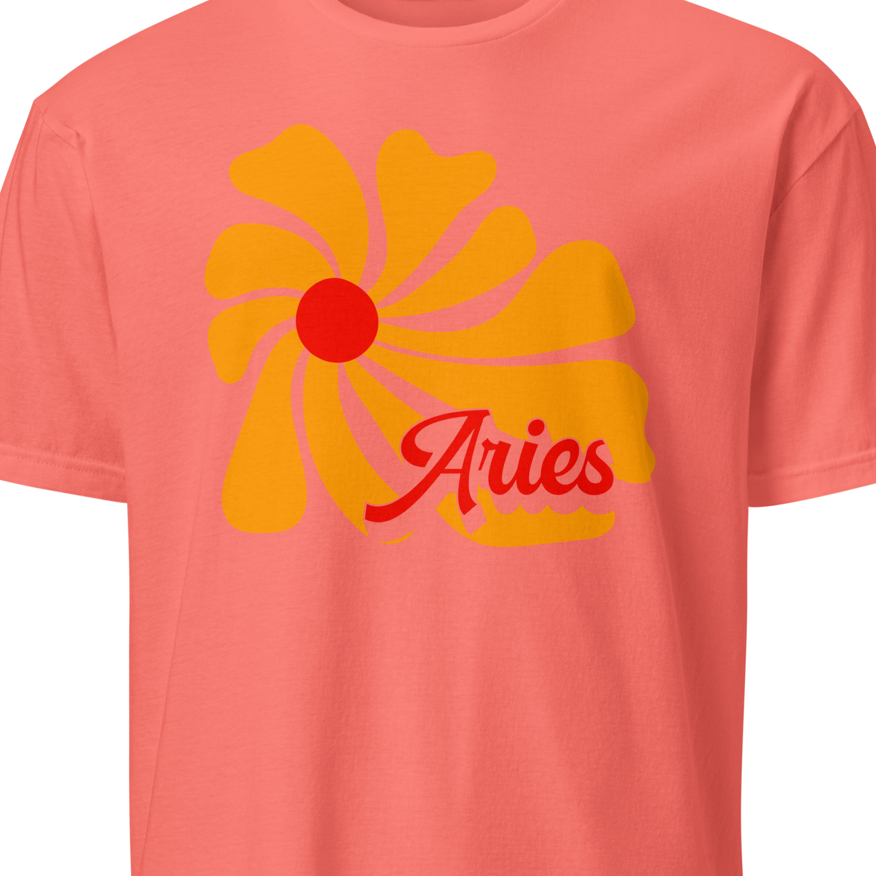 Coral t-shirt with a yellow flower design and 'Aries' text 