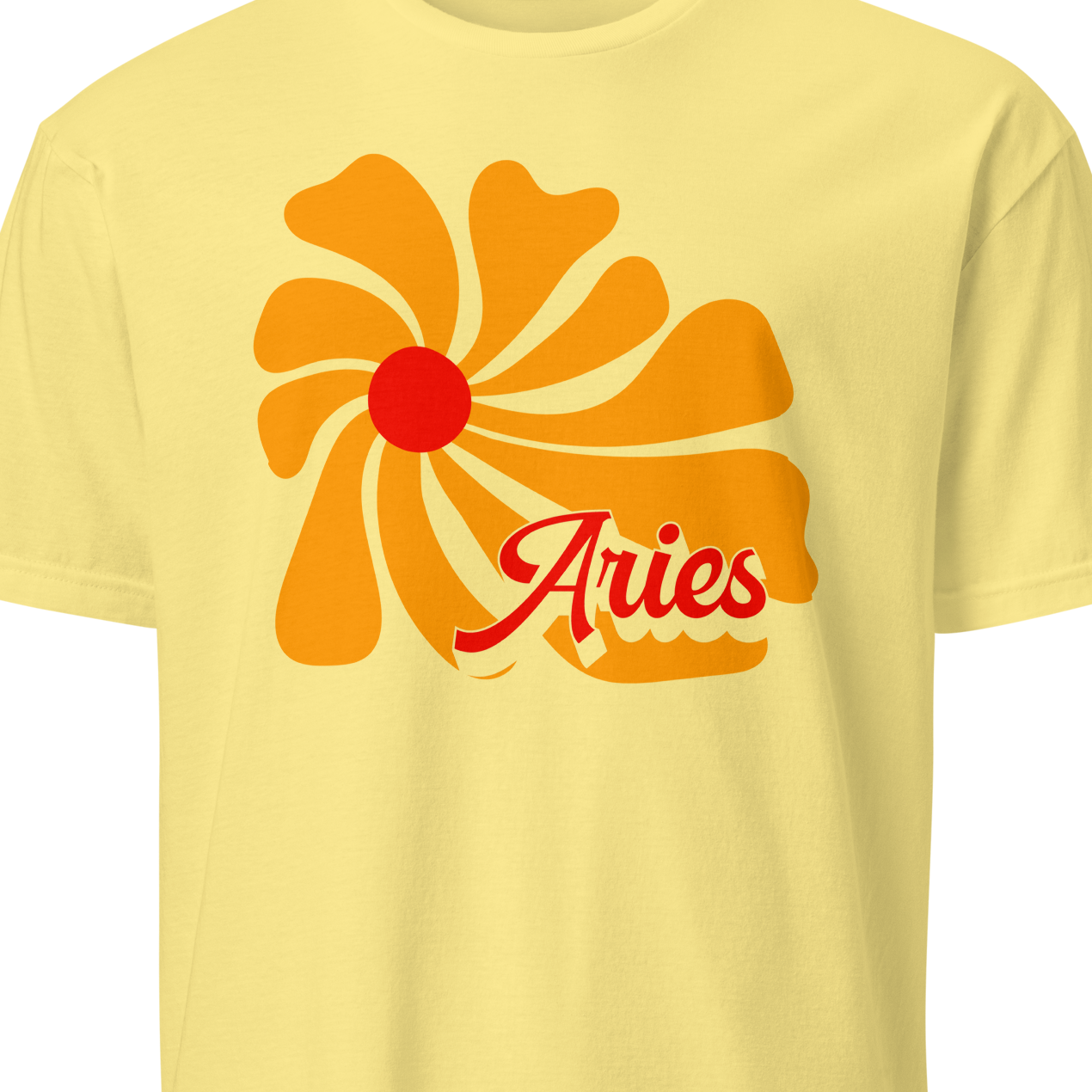 Yellow t-shirt with orange flower design and 'Aries' text 