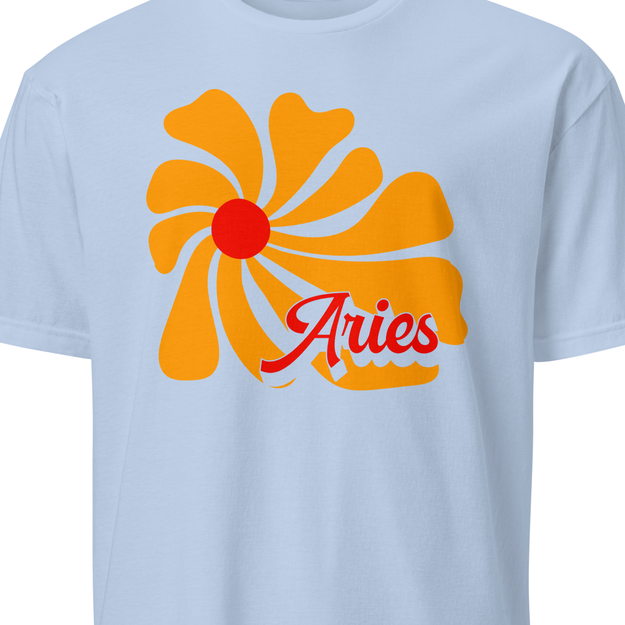 Light blue t-shirt with orange and red 'Aries' design 