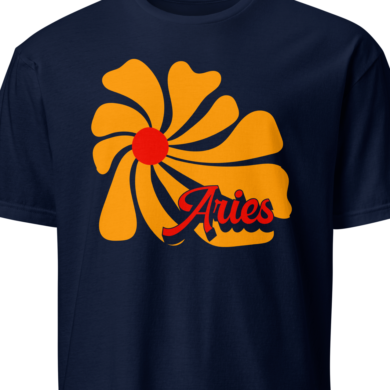 Navy blue t-shirt with a yellow flower design and 'Aries' text 