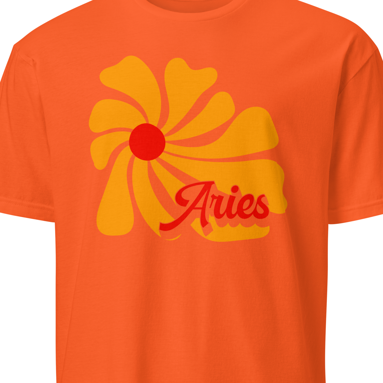 Orange t-shirt with a yellow and red graphic design