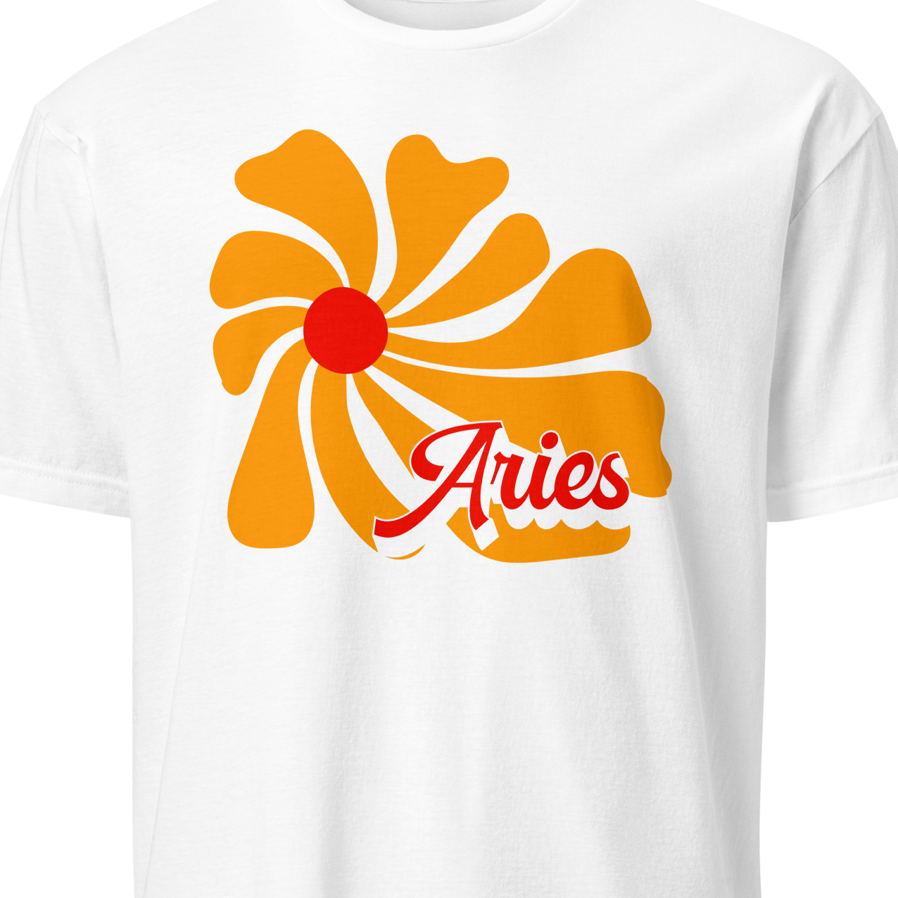 White t-shirt with orange and red 'Aries' design on a white background