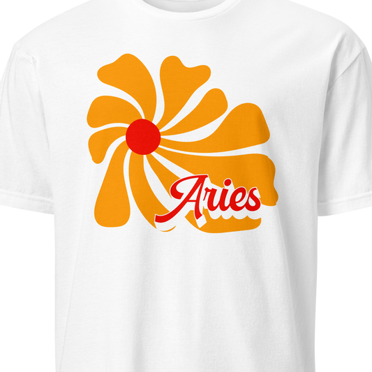 White t-shirt with orange and red 'Aries' design on a white background
