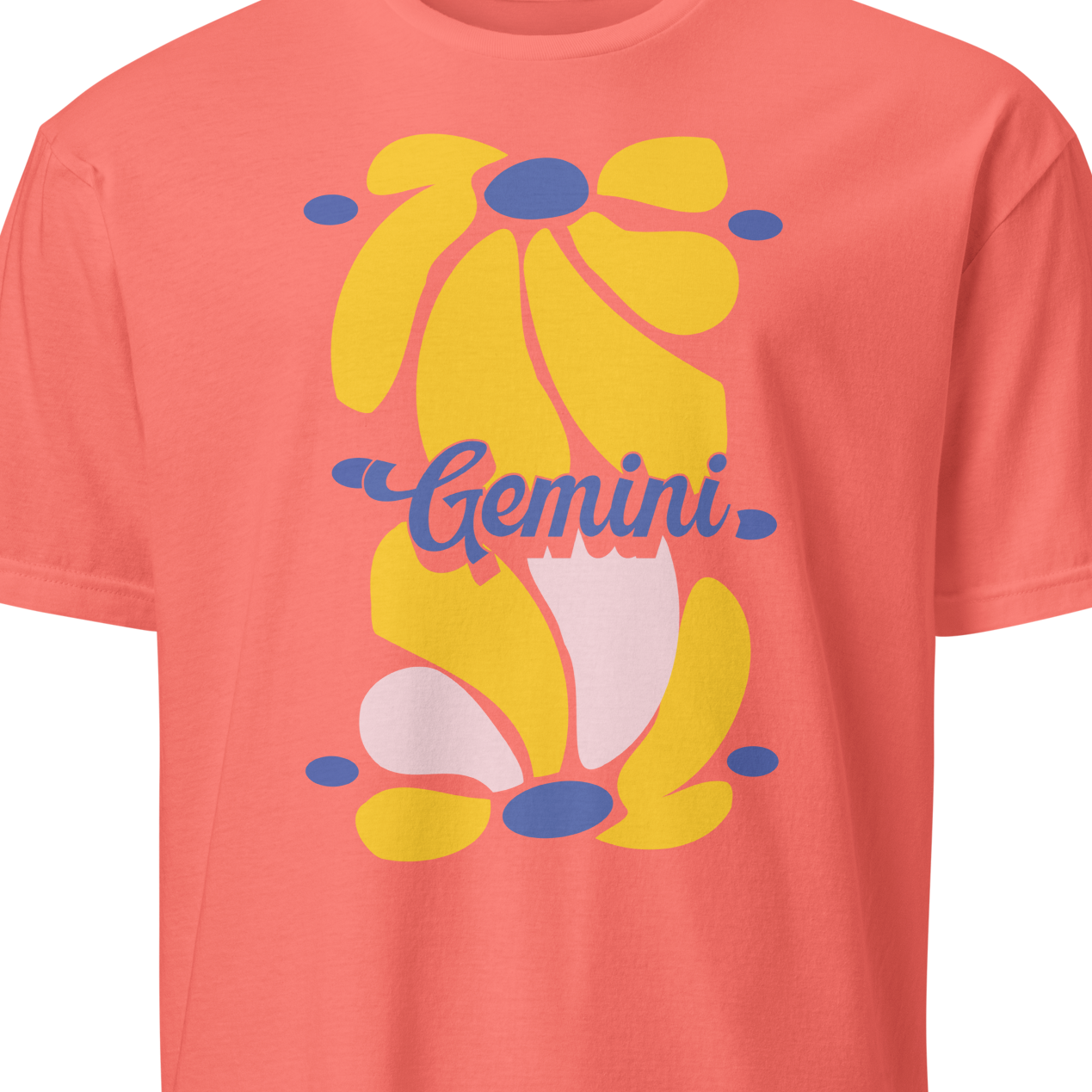 Coral t-shirt with a floral design and 'Gemini' text 