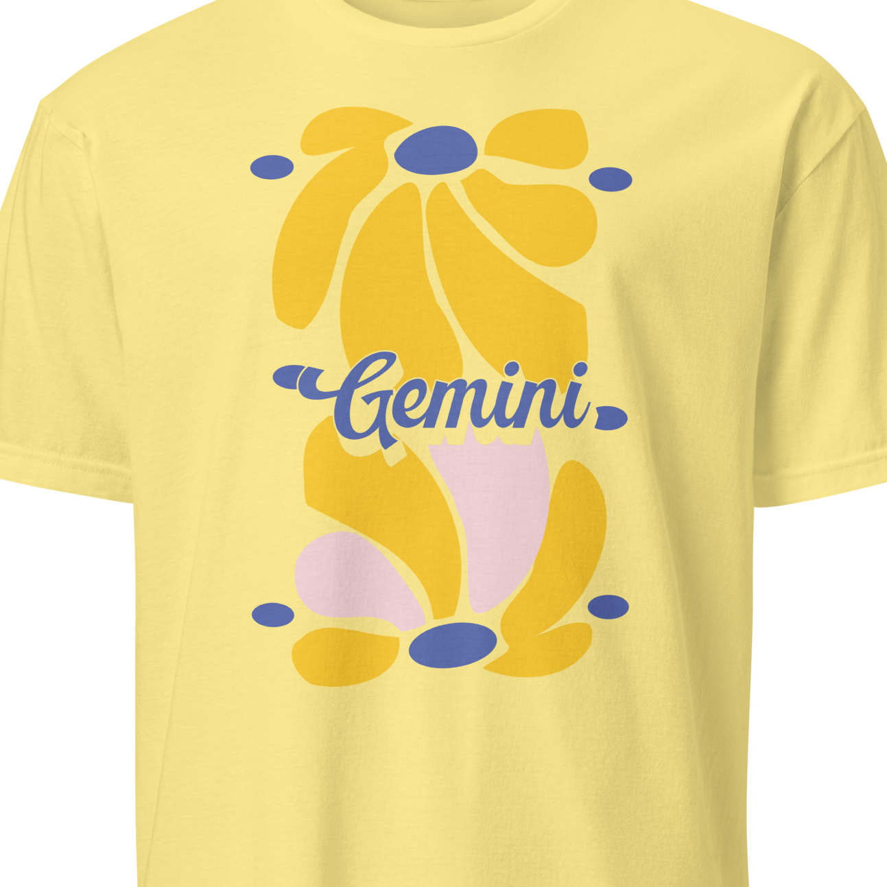 Yellow t-shirt with a floral design and 'Gemini' text 