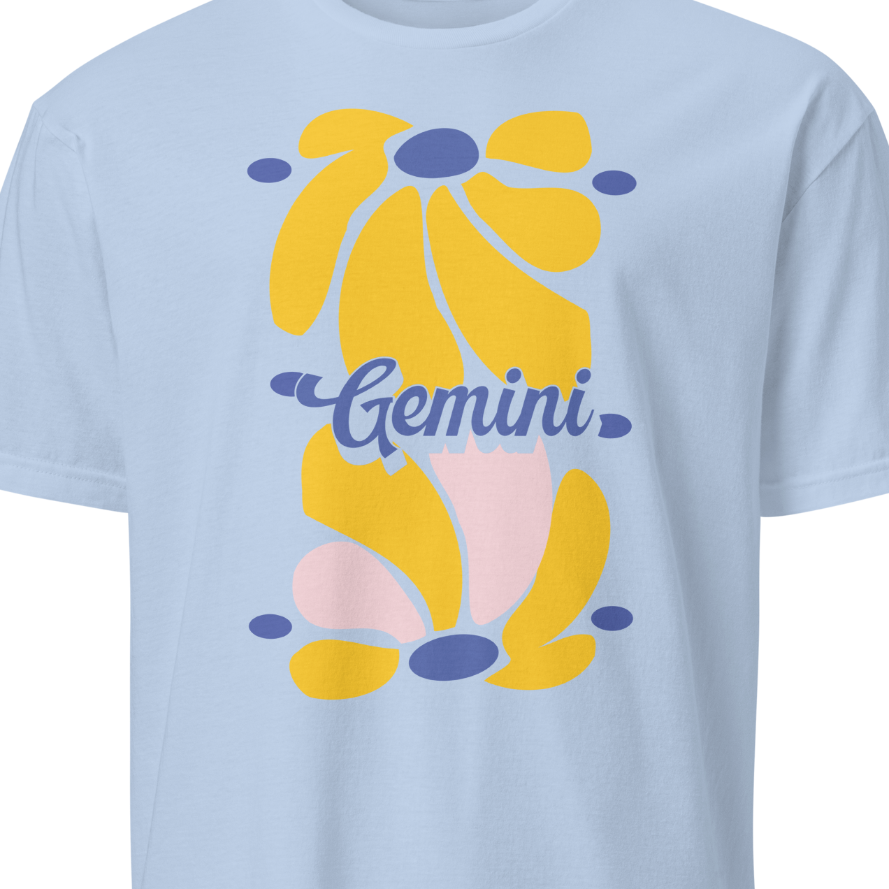Light blue t-shirt with a yellow flower design and 'Gemini' text 