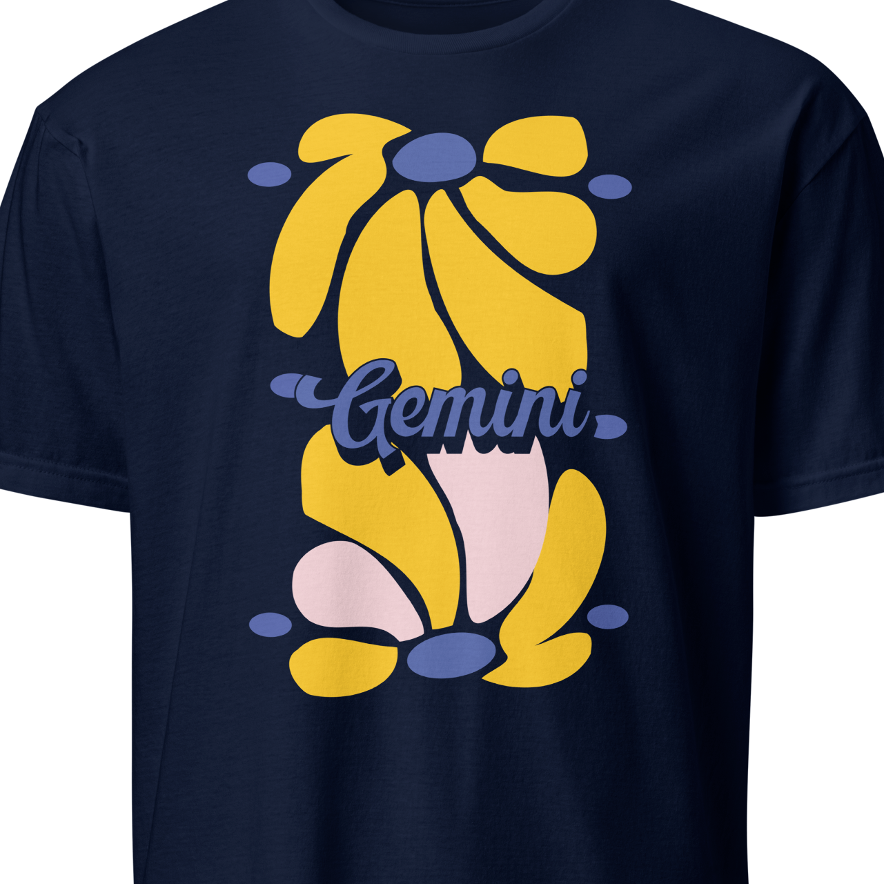 Navy blue t-shirt with yellow and pink design and 'Gemini' text 