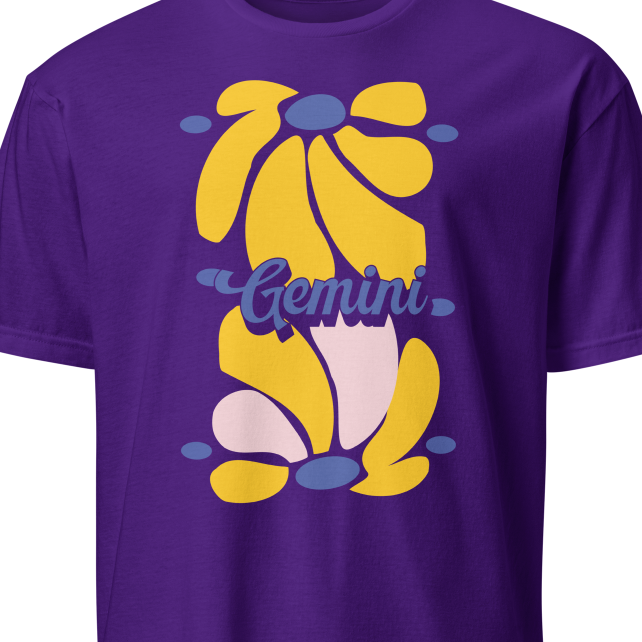 Purple t-shirt with a floral design and 'Gemini' text 