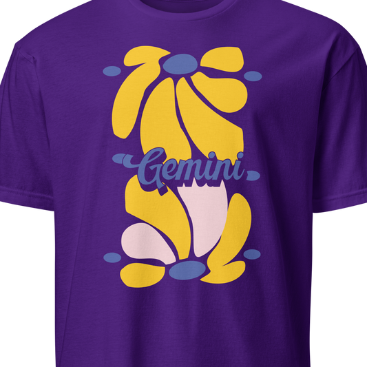 Purple t-shirt with a floral design and 'Gemini' text 