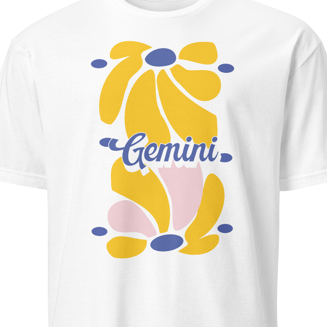White t-shirt with colorful abstract design and 'Gemini' text