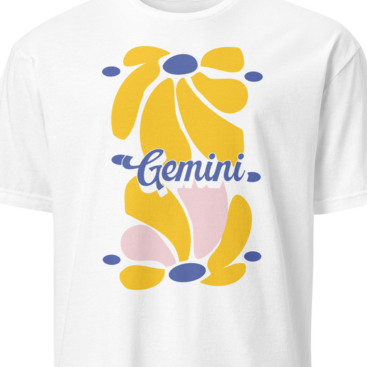 White t-shirt with colorful abstract design and 'Gemini' text