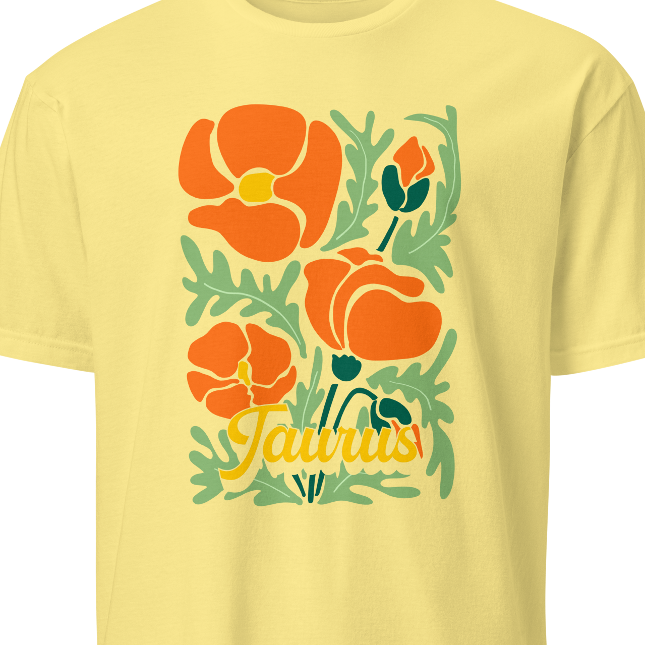 Yellow t-shirt with orange floral design and 'Taurus' text 