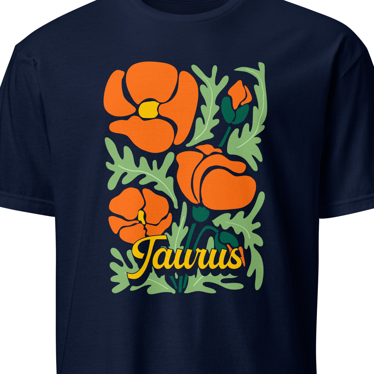 Navy blue t-shirt with orange floral design and 'Taurus' text 