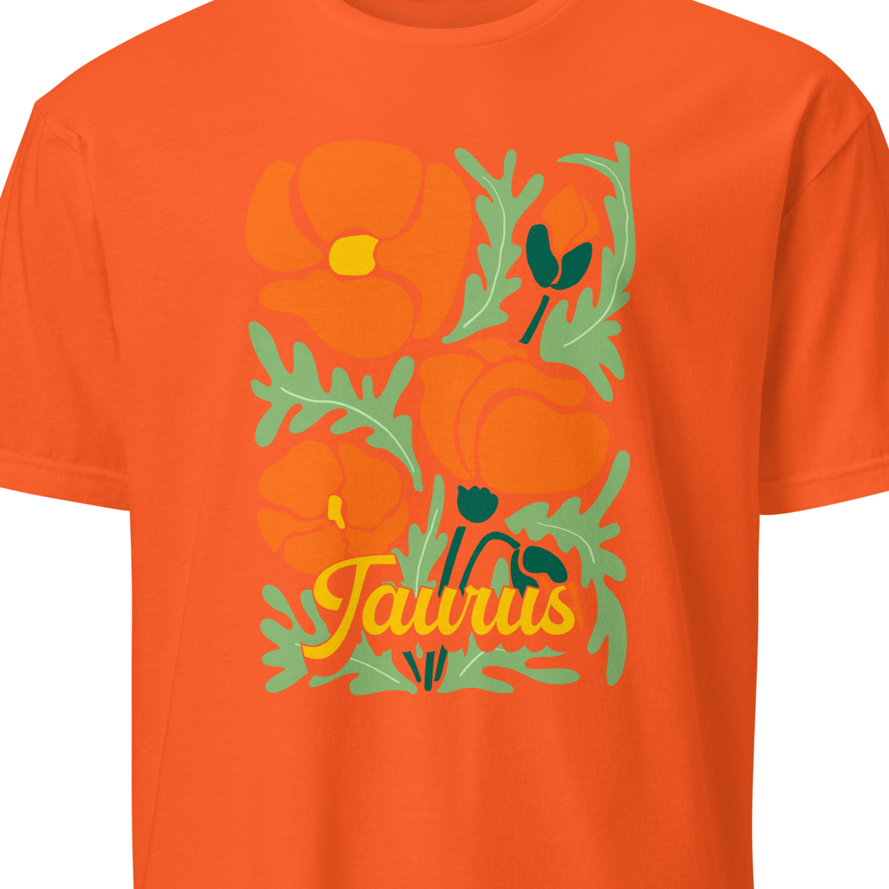 Orange t-shirt with a floral design and 'Taurus' text 