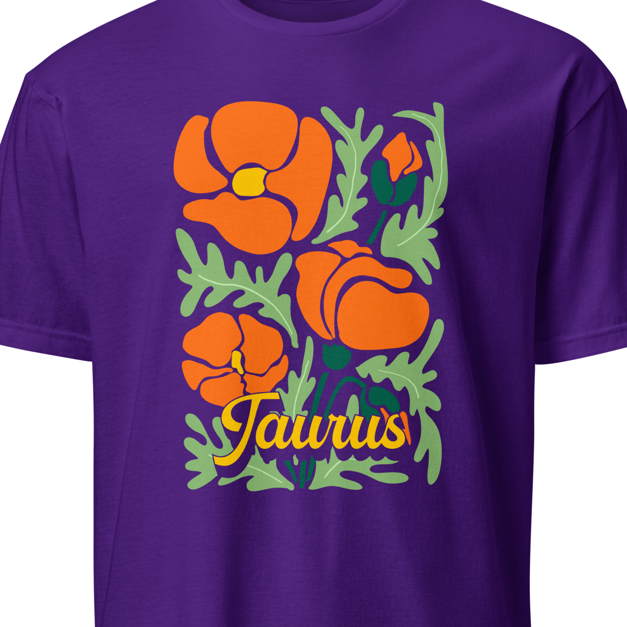 Purple t-shirt with orange floral design and 'Taurus' text 