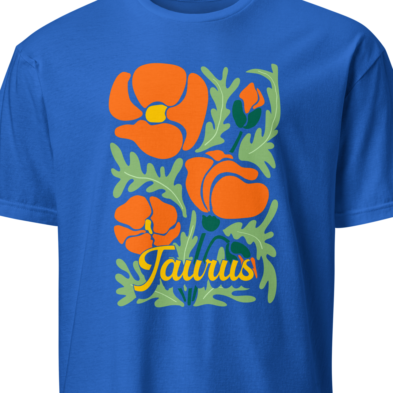Blue t-shirt with orange flowers and 'Taurus' text 