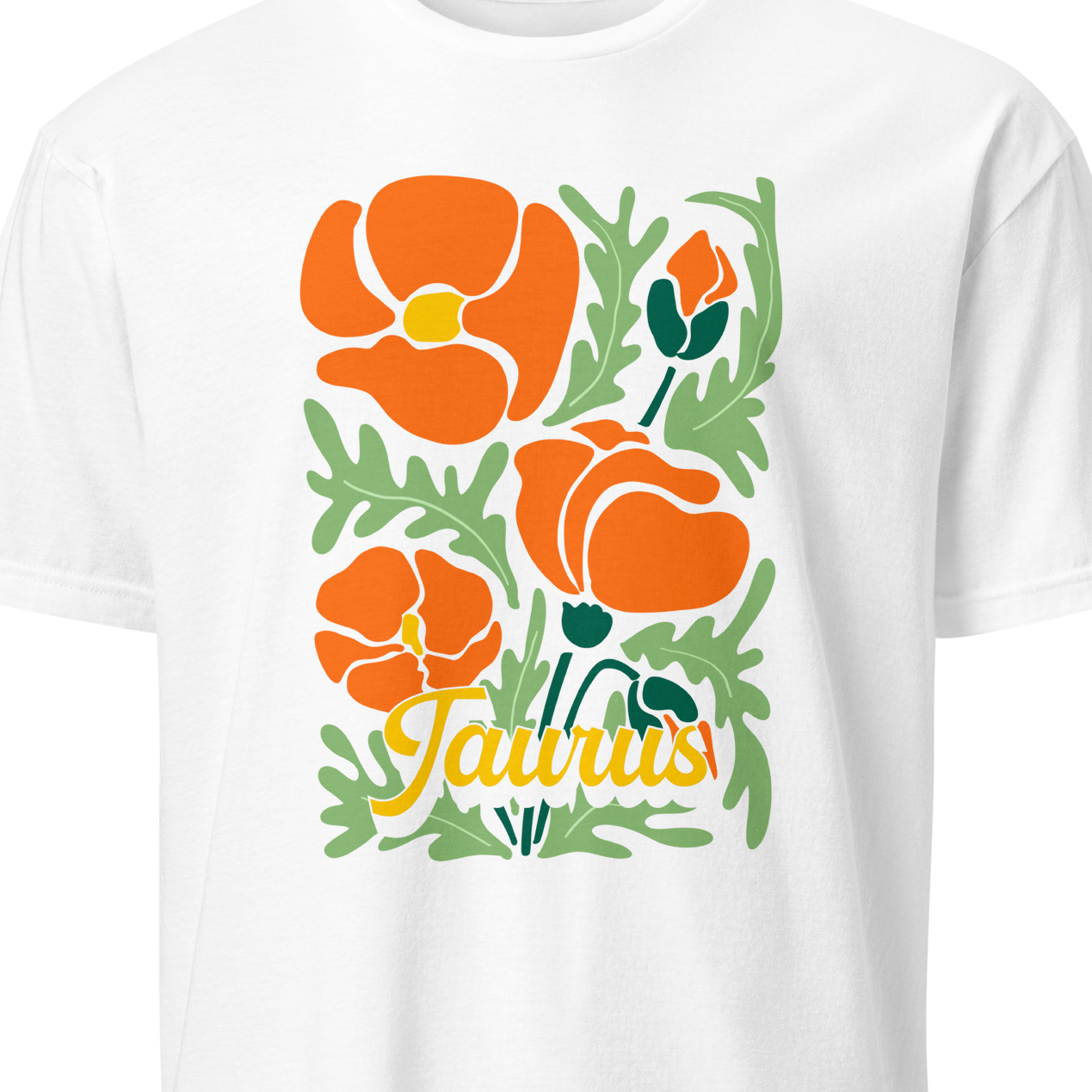 Yellow t-shirt with orange floral design and 'Taurus' text 