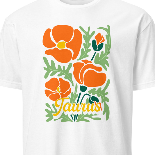 Yellow t-shirt with orange floral design and 'Taurus' text 