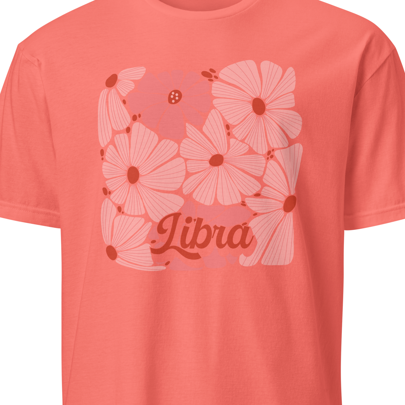 Coral t-shirt with floral design and 'Libra' text on a white background
