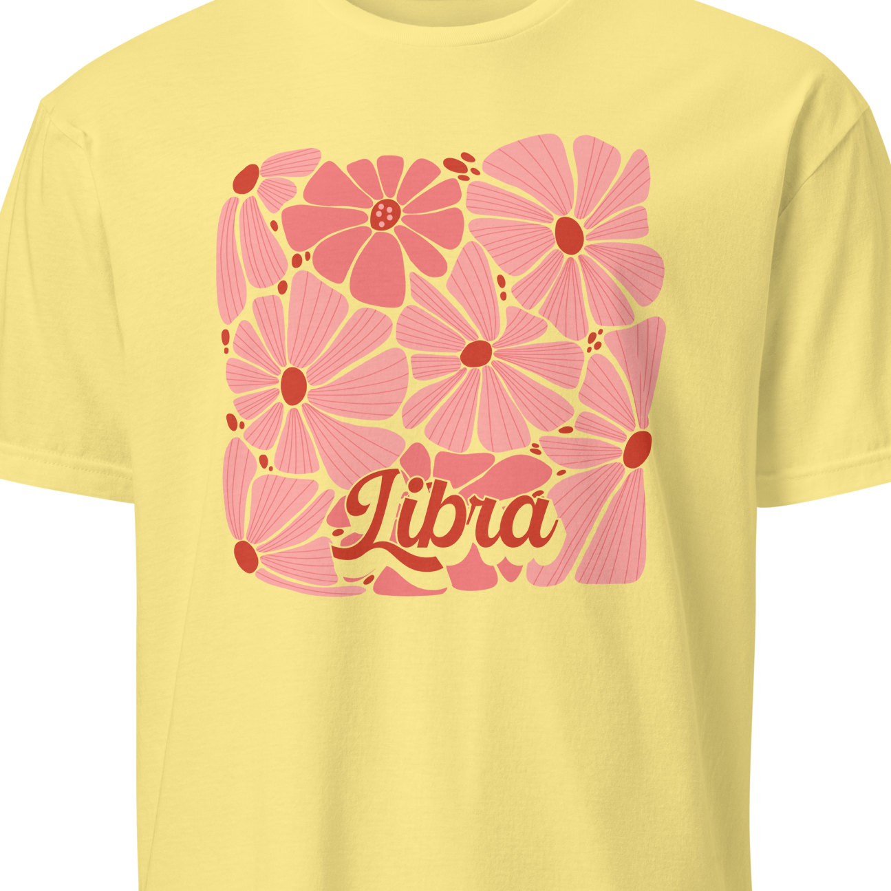 Yellow t-shirt with pink floral design and 'Libra' text on a white background