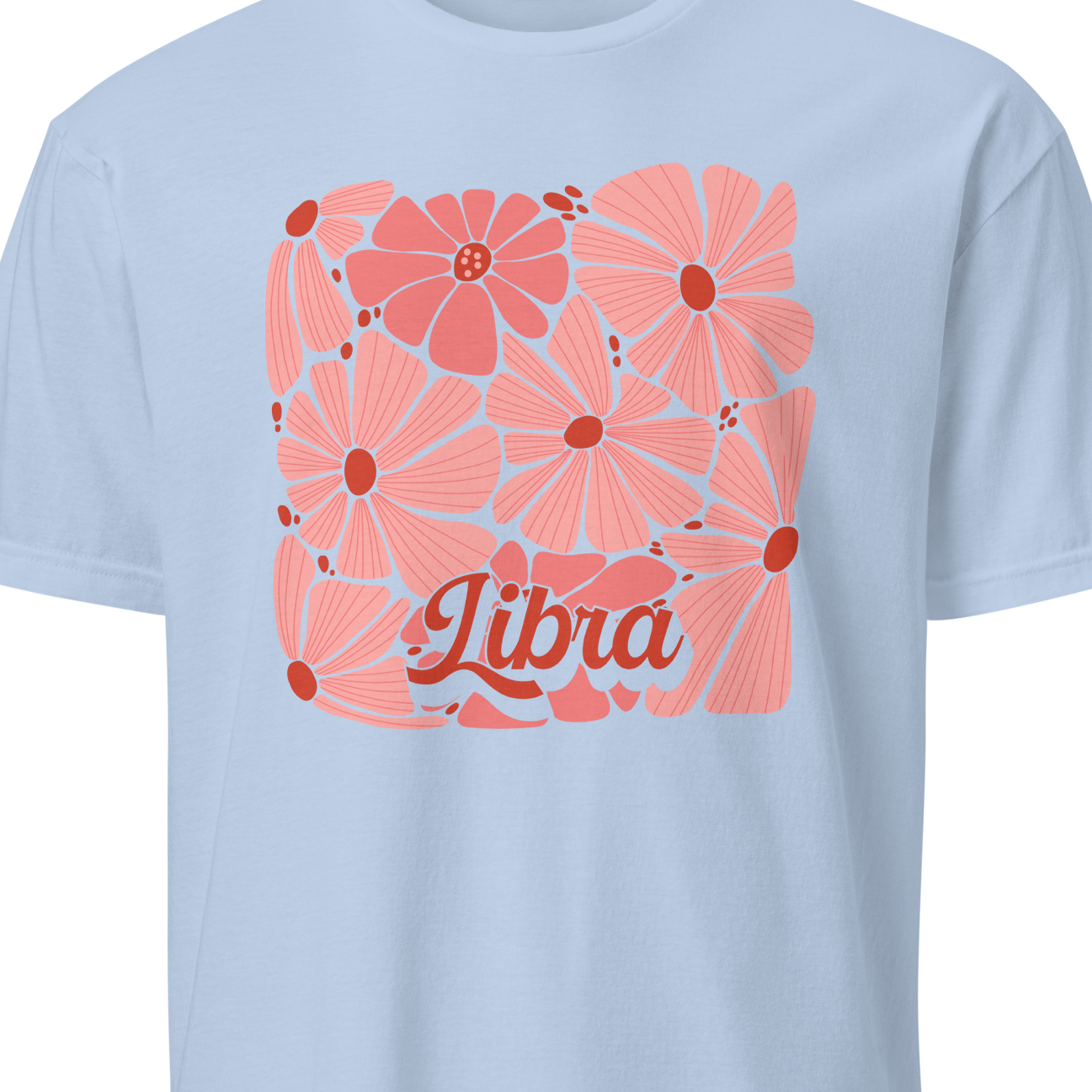 Light blue t-shirt with pink floral design and 'Libra' text on a white background