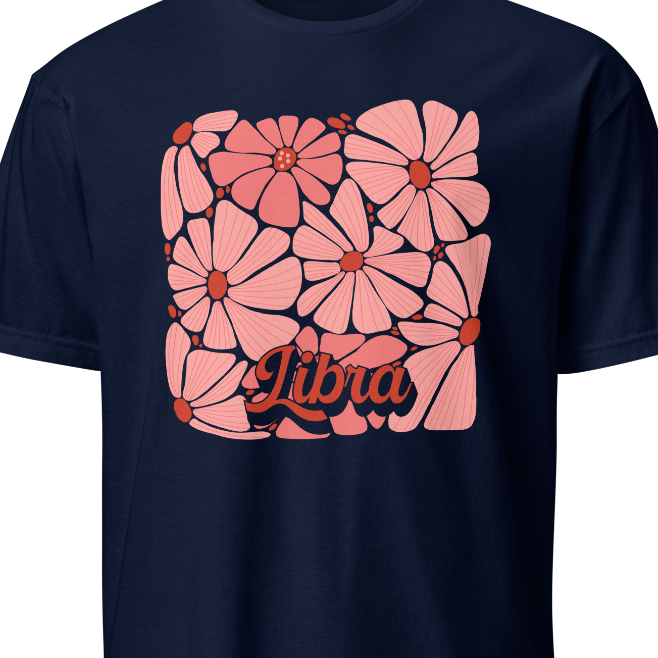 Navy blue t-shirt with pink floral design and 'Libra' text on a white background