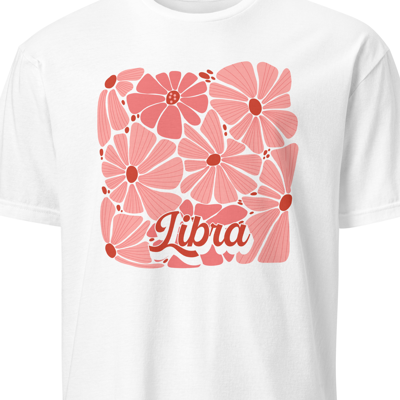 White t-shirt with pink floral design and 'Libra' text on a white background