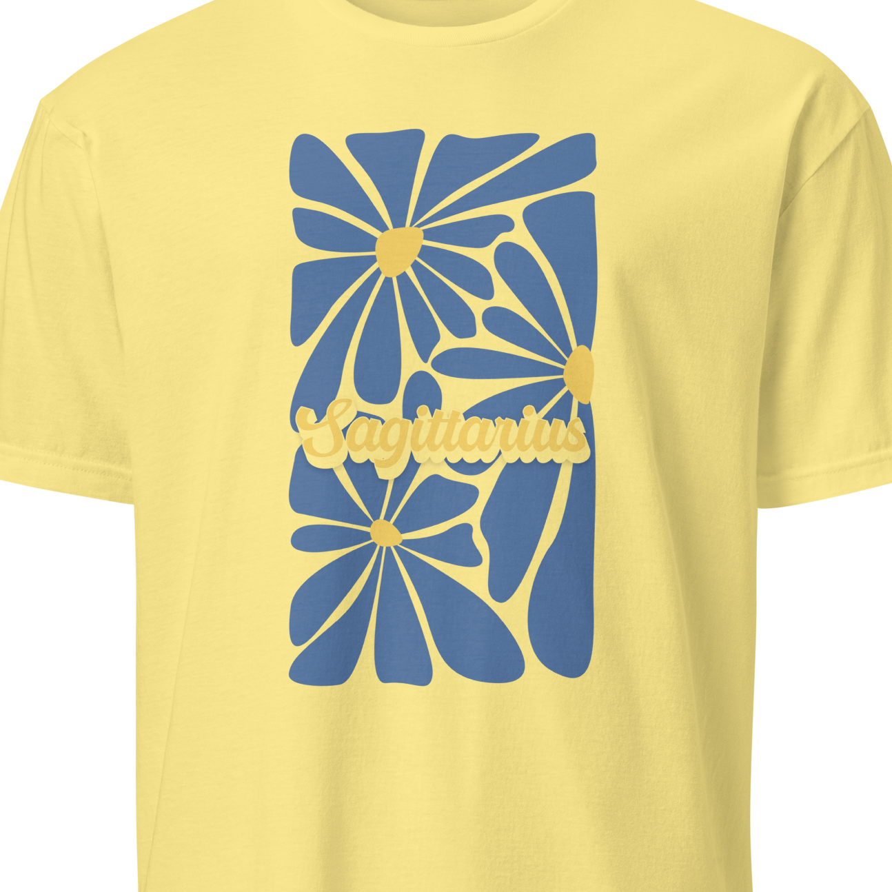 Yellow t-shirt with blue floral design and text on a white background