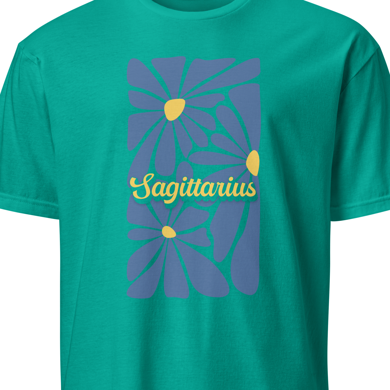 Teal t-shirt with 'Sagittarius' design on a white background