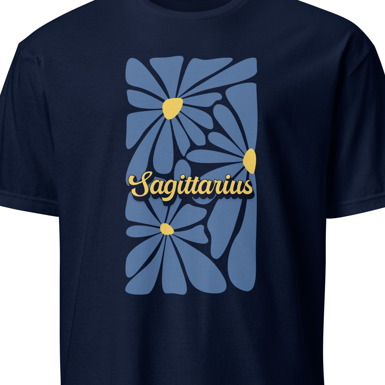 Navy blue t-shirt with abstract design and 'Sagittarius' text on a white background