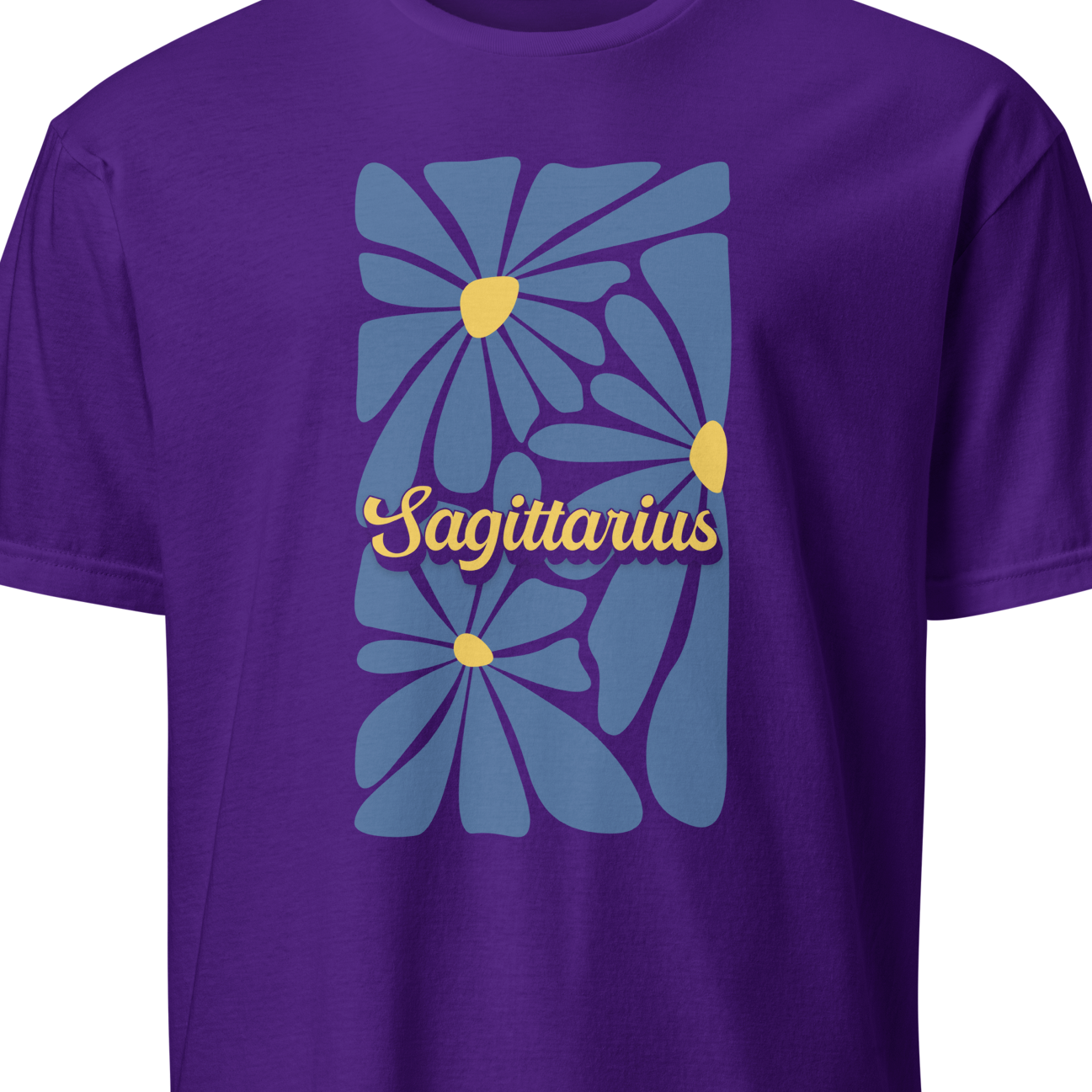 Purple t-shirt with blue floral design and 'Sagittarius' text on a white background