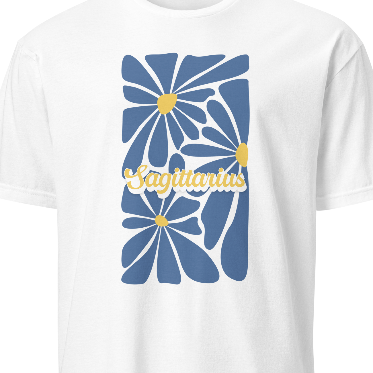 White t-shirt with blue floral design and 'Sagittarius' text on a white background