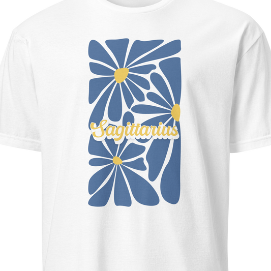 White t-shirt with blue floral design and 'Sagittarius' text on a white background