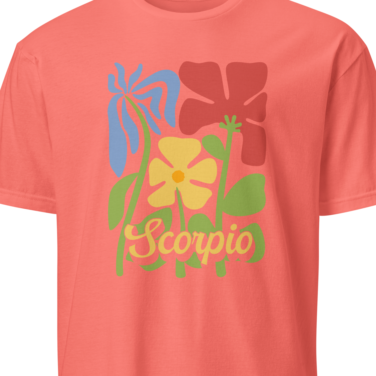 Coral t-shirt with colorful Scorpio zodiac design on a white background