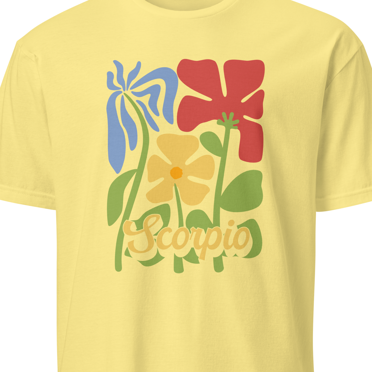 Yellow t-shirt with colorful floral design and 'Scorpio' text on a white background