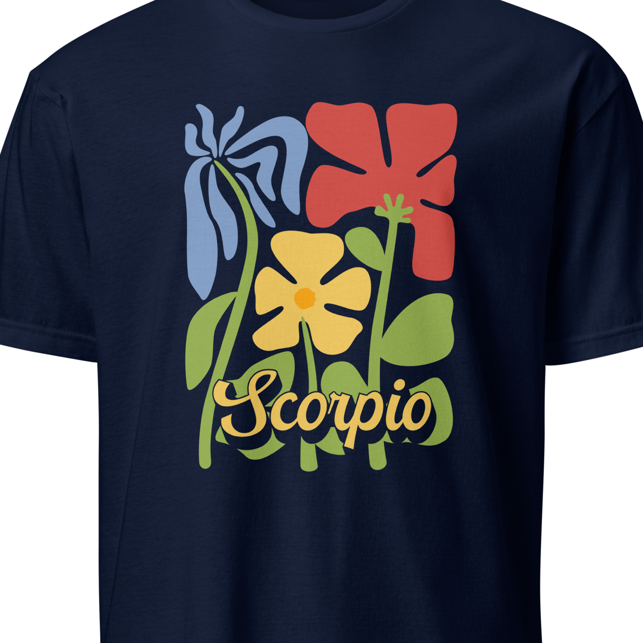 Navy blue t-shirt with colorful floral design and 'Scorpio' text on a white background