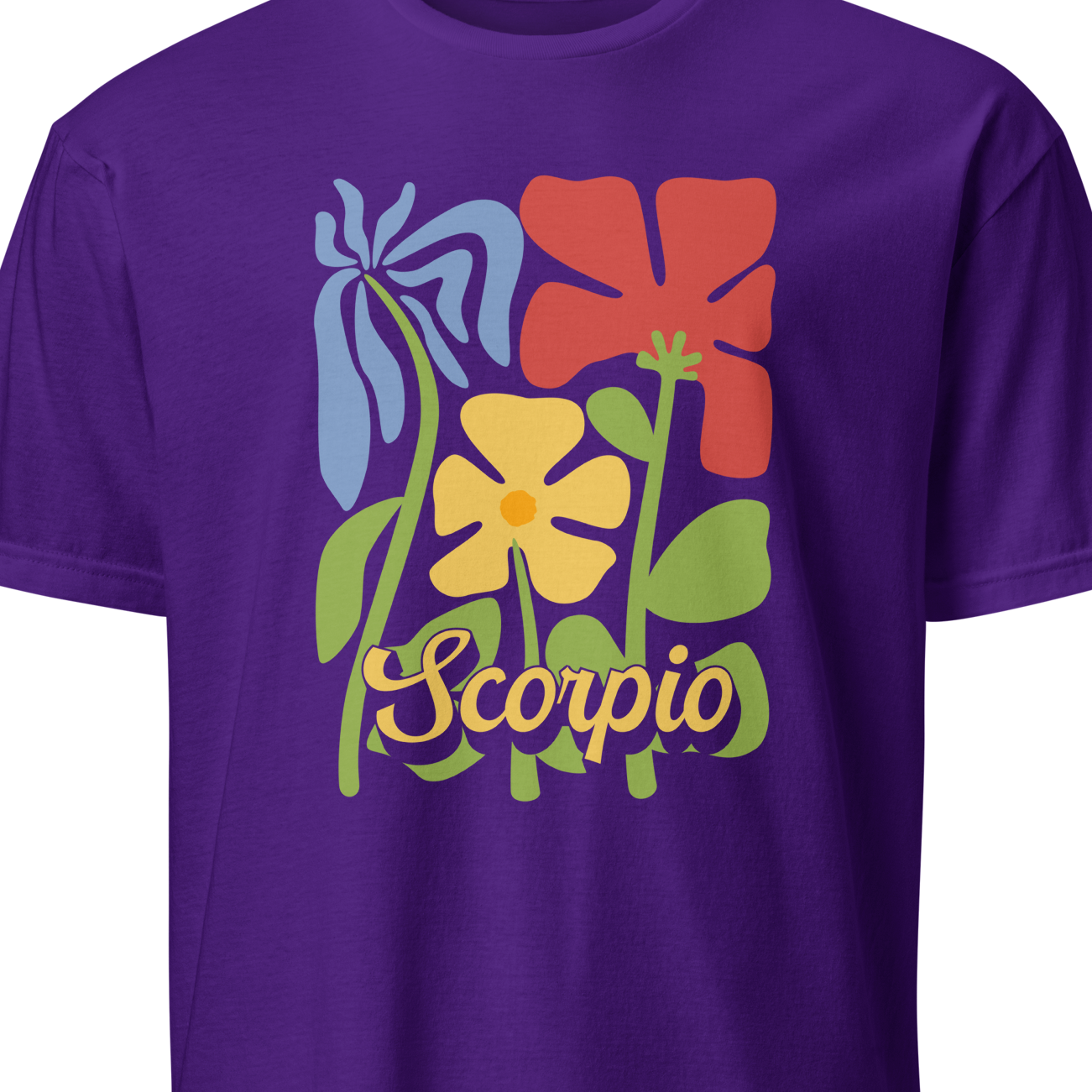 Purple t-shirt with colorful floral design and 'Scorpio' text on a white background