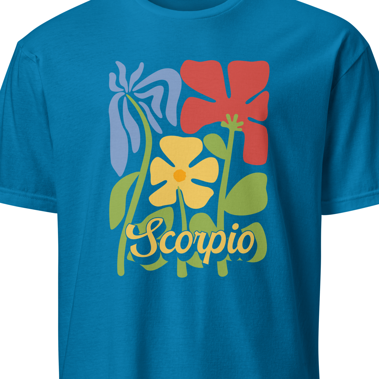 Blue t-shirt with colorful floral design and 'Scorpio' text on a white background