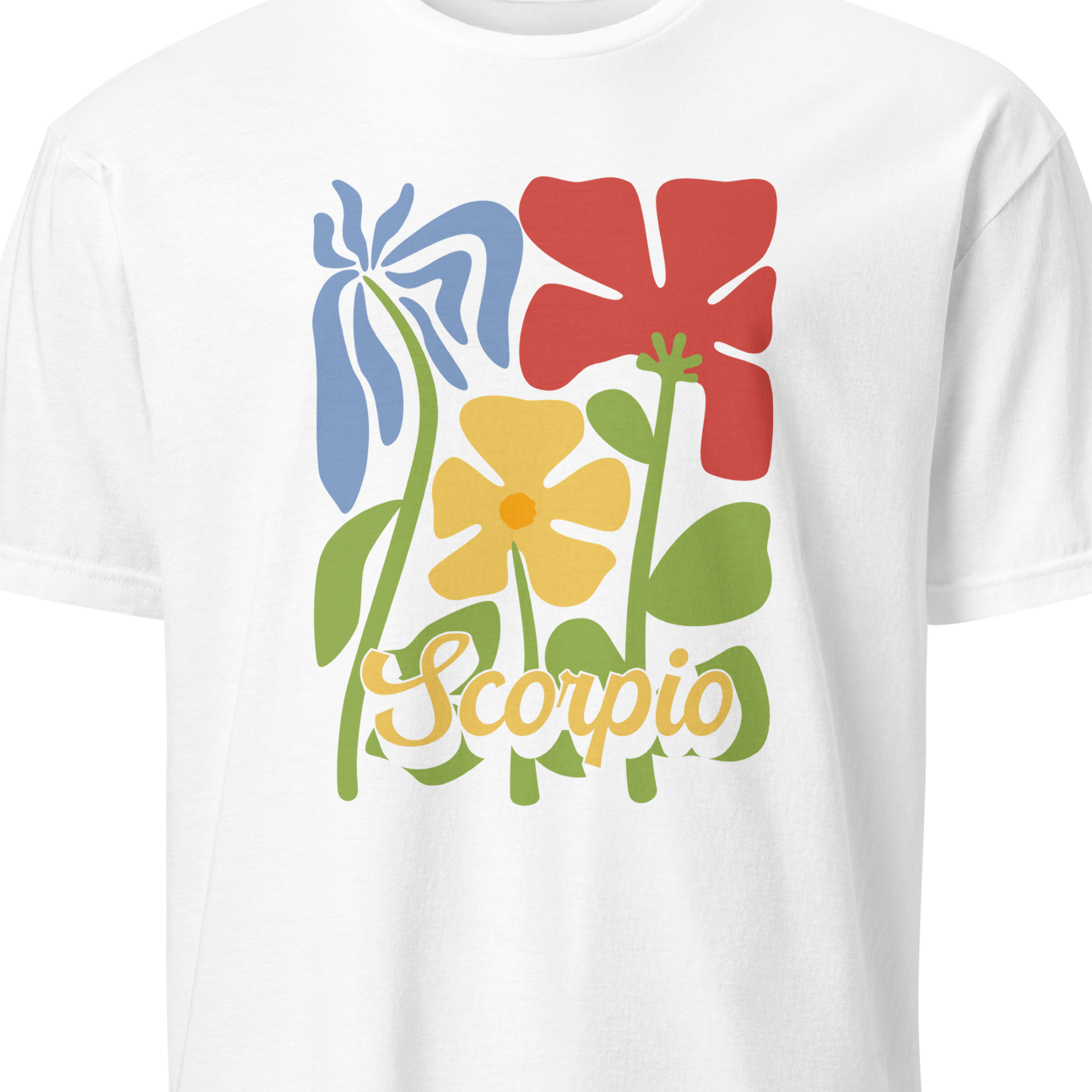 White t-shirt with colorful floral design and 'Scorpio' text on a white background