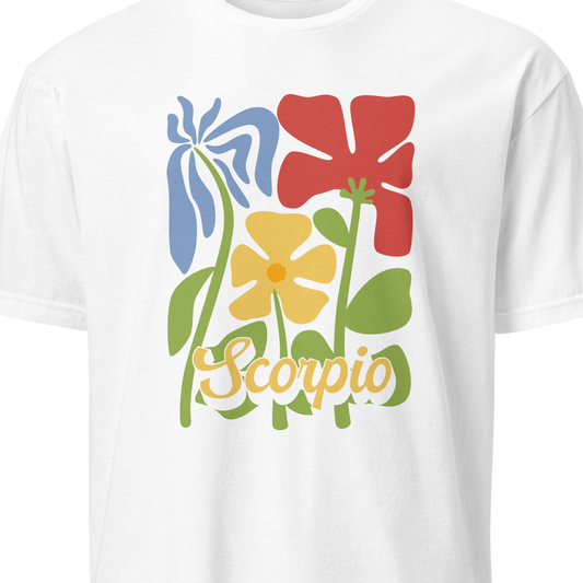 White t-shirt with colorful floral design and 'Scorpio' text on a white background
