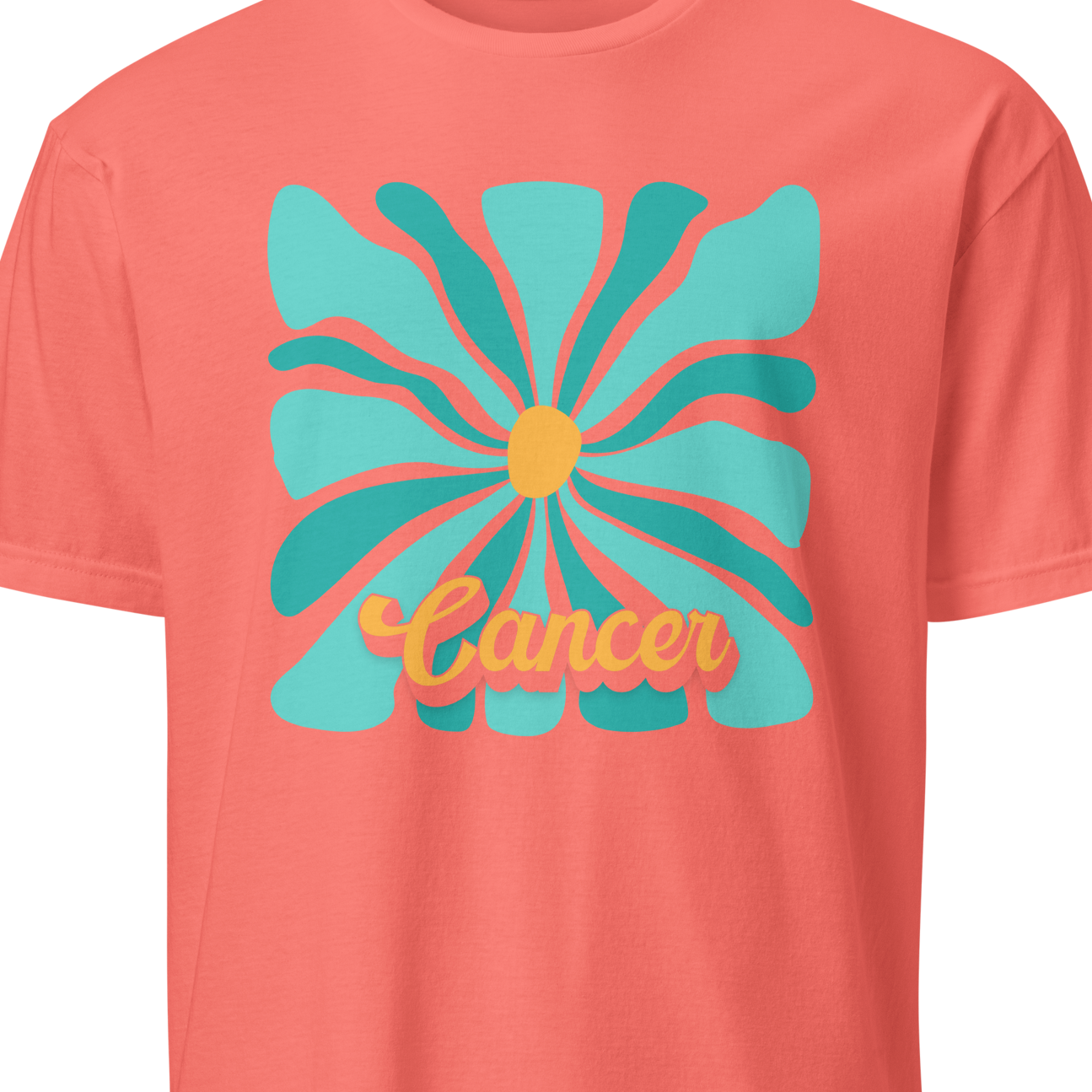 Coral t-shirt with a turquoise flower design and 'Cancer' text on a white background