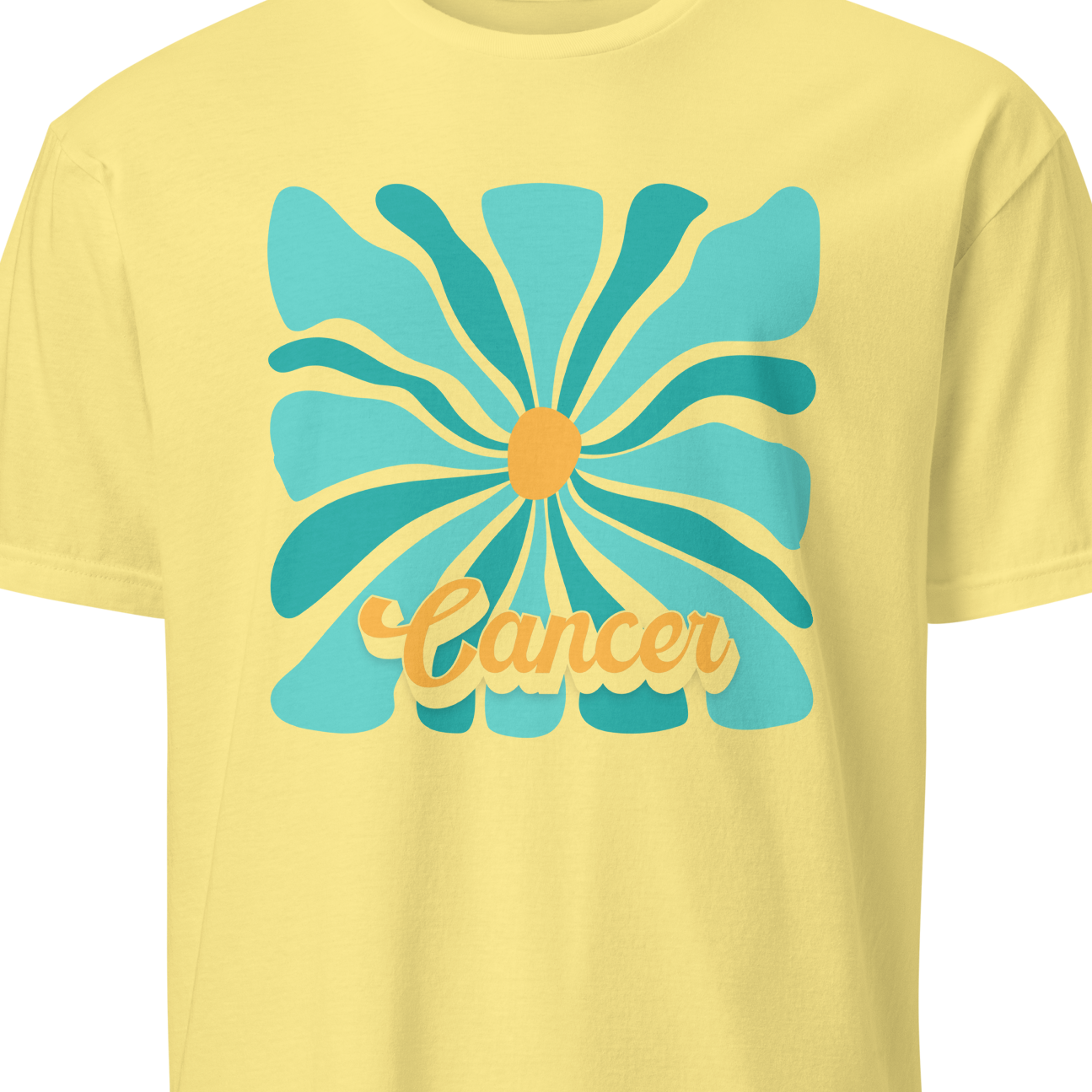 Yellow t-shirt with a blue floral design and 'Cancer' text on a white background