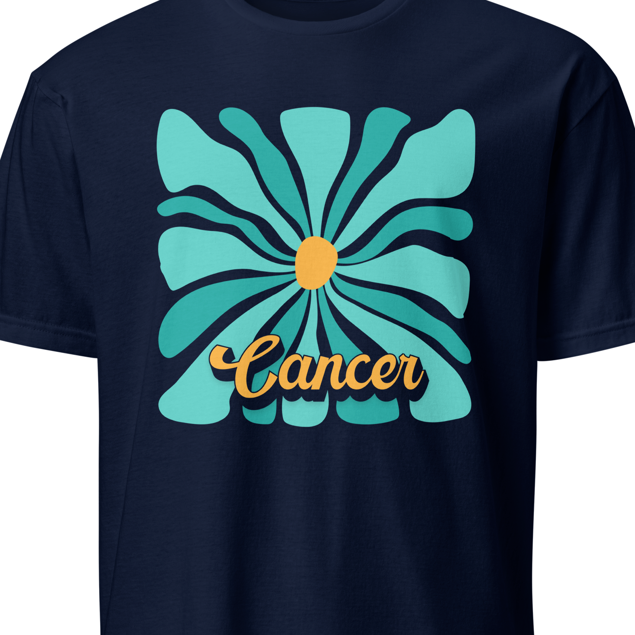 Navy blue t-shirt with a turquoise flower design and 'Cancer' text on a white background