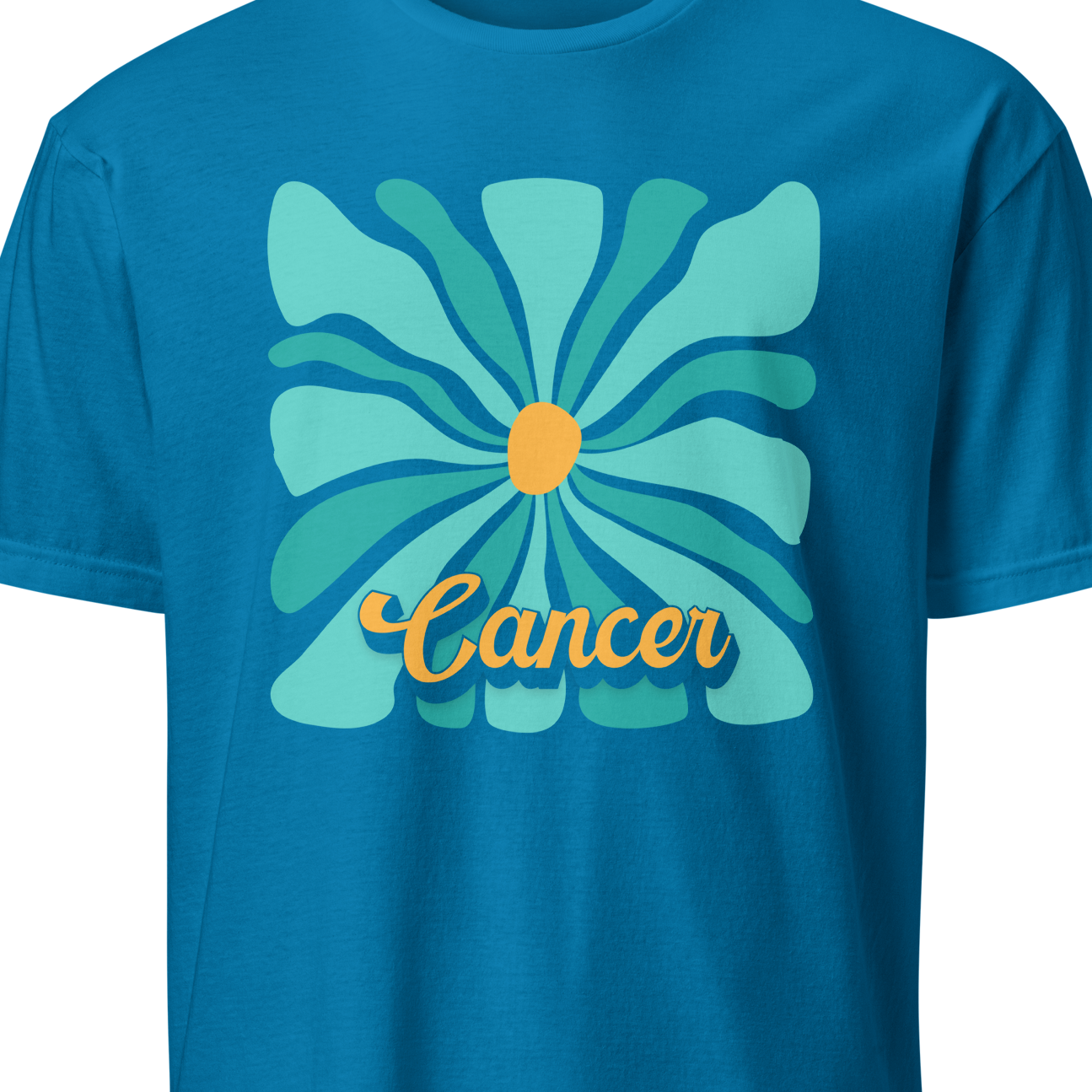 Blue t-shirt with a floral design and 'Cancer' text on a white background