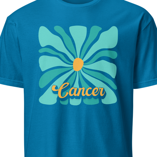 Blue t-shirt with a floral design and 'Cancer' text on a white background