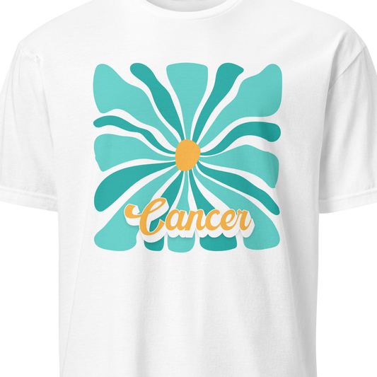 White t-shirt with a turquoise flower design and 'Cancer' text on a white background
